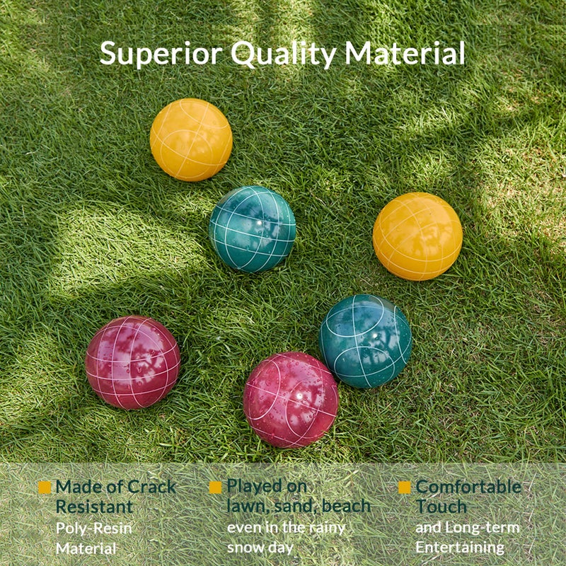 ApudArmis Bocce Balls Set, Regulation Size 100mm Bocce Game for Outdoor/Backyard/Lawn/Beach with 8 PCS 100% Poly-Resin Balls / 1 Pallino/Nylon Carrying Case/Measuring Rope (Red,Blue,Green,Yellow) - Image 3
